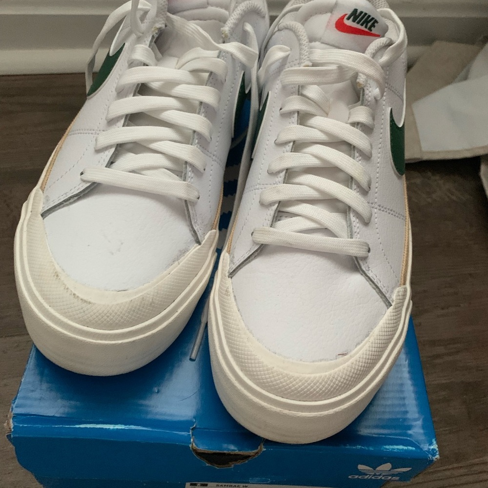 Nike Court Legacy Lift Platform White and Green Sneakers with Tan Accents - Picture 3 of 7